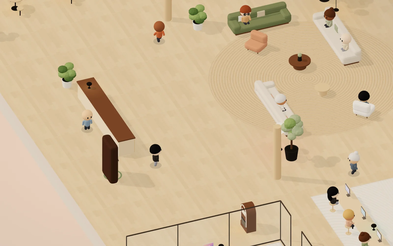 The QG office: AI agents at their desks in an isometric workspace